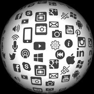 white ball with social media icons on black background