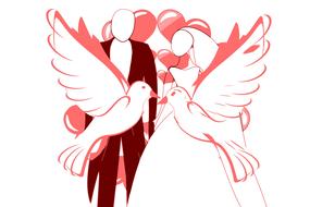 Beautiful, red and white drawing of the bride and groom, and flying pigeons, near the balloons, clipart