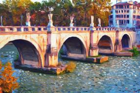 Beautiful and colorful painting of the bridge, above the water, among the buildings and colorful plants