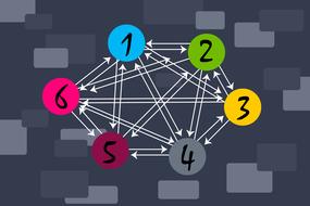 Network between the colorful numbers, at background with the pattern, clipart