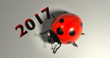 Beautiful, red and black, shiny lucky ladybug and "2017" sign, in light, clipart