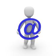 White figure with blue "@" sign, at white background, on clipart