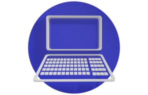 Grey icon of a pc, at round, blue background, at white background