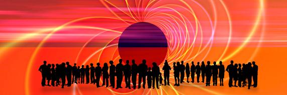 black silhouettes of people on orange banner