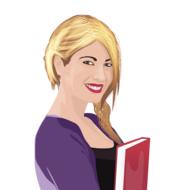 Smiling, blonde girl with the red book, at white background, clipart