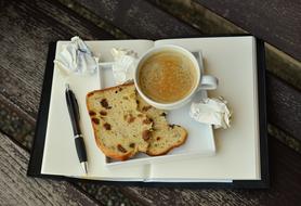 crumpled notes and breakfast on an open notebook