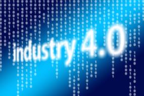 White "industry 4.0" sign, at blue, gradient background, clipart