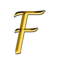 Beautiful, shiny, gold "f" letter at white background, on clipart