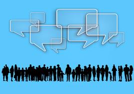 silhouettes of people with rectangular footnotes on a blue background