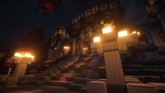 Beautiful building with the lights, in the evening, in Minecraft