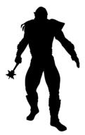 Black silhouette of the ork fighter, at white background, clipart
