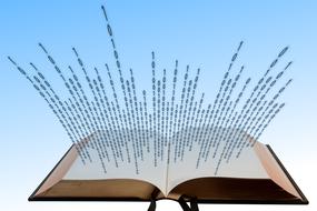 Open book with the binary code, at blue and white background, clipart