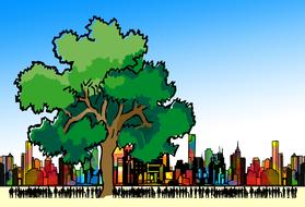 green tree and crowd of people on the background of a colorful metropolis