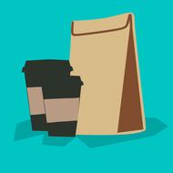 Cups of coffee and paper package, with the shadows, at aqua background, clipart