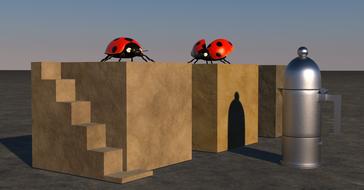 3d models of the red and black ladybugs, on the cubes, near the metal construction