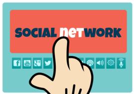 Touching orange, black and white "SOCIAL NETWORK" button with social media icons, clipart