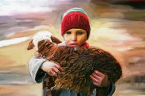 Colorful portrait of the boy, with the colorful, cute and beautiful lamb on the hands