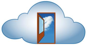 Cloud computing with the view of the blue sky with white clouds, through the door, clipart