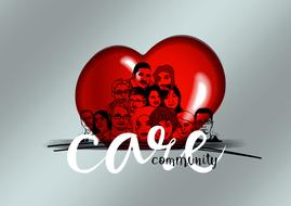 Silhouette of the people in red heart, and "care community" sign, clipart