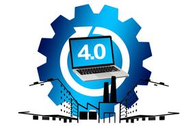 Black and white silhouette of the city, at blue and white background with the gear, with arrow in cycle and laptop, with the 4.0 sign, clipart