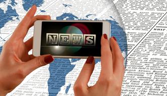 Colorful "News" sign on the smartphone, in the hands, at background with newspaper and Earth globe, on clipart