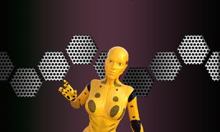anthropomorphic robot at hexagonal background, network, drawing