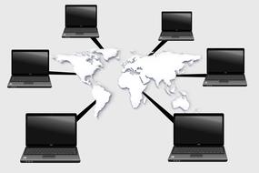 White map with system network, among the laptops, on clipart