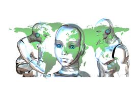 Green map of the Earth and robots, at white background, clipart