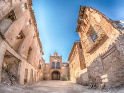 ruined historical buildings near church gate tower, spain, Belchite