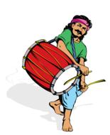 Colorful drawing of the musical man, with the drum, at white background, on clipart