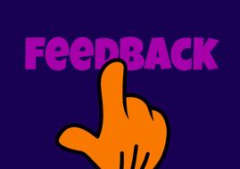 Orange hand, touching purple "FEEDBACK" sign on blue background, clipart