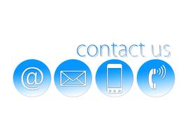 Blue and white icons of contact ways and "contact us" sign at white background