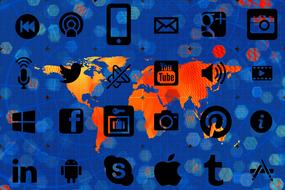 Black, digital icons, at blue, orange and yellow map on background, clipart