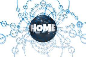 White "HOME" sign on the globe, at background with blue and white network, clipart