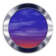 Colorful and beautiful, gradient sky with the clouds, on the round icon, with the metallic frame, clipart