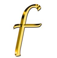 Glossy, gold "f" letter, at white background, clipart