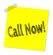 Black "Call Now" sign on the yellow note, sticked to the white background, on clipart