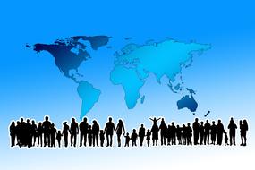 Silhouettes of the people, at background with blue, gradient Earth map, clipart