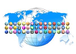 social media icons, world map and earth globe