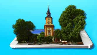 church with trees on a smartphone in 3d graphics