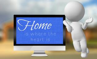 White figure, near the white and blue "Home is where the heart is" sign on the monitor, at blurred background, clipart