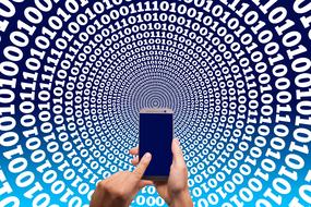 Person, using smartphone, at background with the pattern, with the binary code in circles, clipart