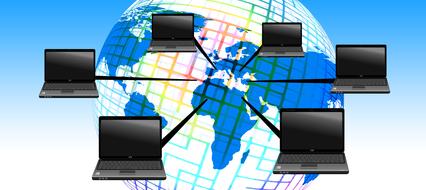 internet connection of laptops on the background of the planet