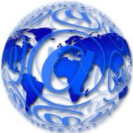 Blue "@" sign on the globe with blue continents on clipart