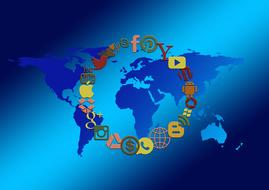 social media icons in circle above world map