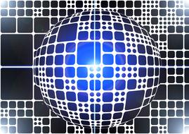 Blue, white and black globe with lines, at checkered background, clipart