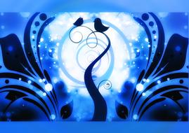 two birds on swirl, blue background