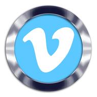 Turquoise and white logo of "Vimeo", in metallic frame, at white background, clipart