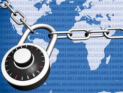 Close-up of the lock with chain, on the blue and white Earth map, with binary code, clipart