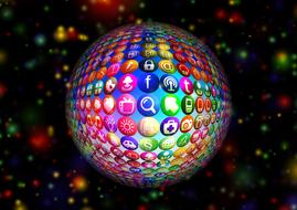 Colorful ball with colorful icon, at background with colorful lights, on clipart